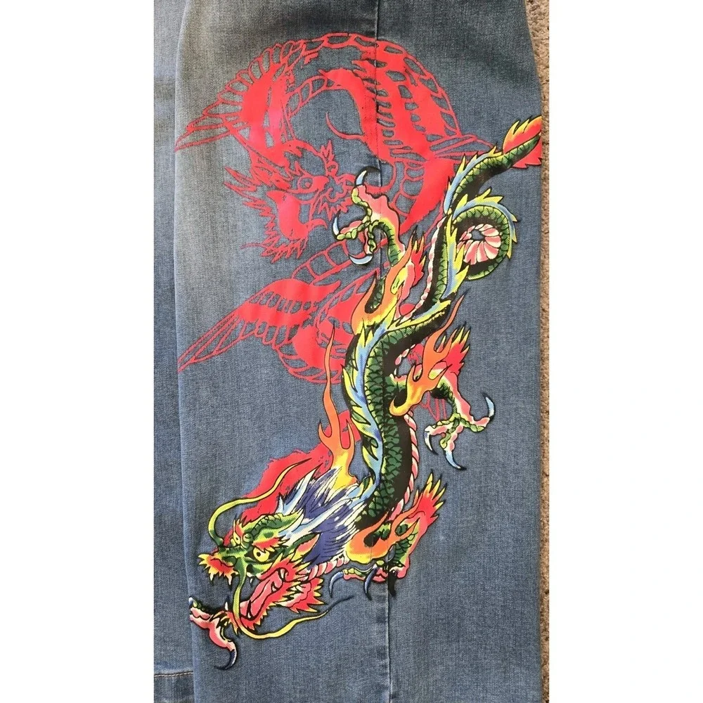 Ed Hardy Dragon Jeans 32 Y2K Wide Leg Baggy Denim Tattoo Graphic Rare Grail Fire